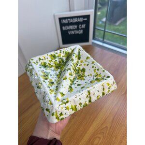 Drip glaze pottery ashtray vintage ceramic square white and green splatter